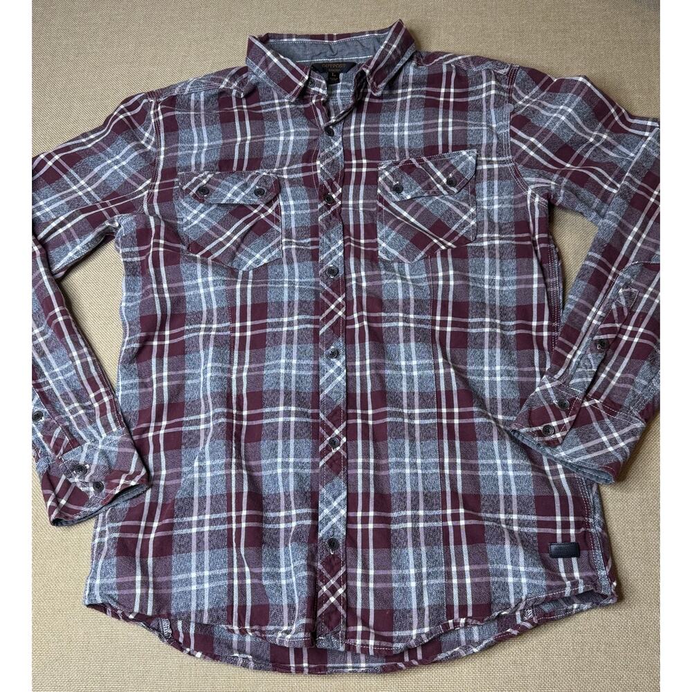 Outpost Makers Men’s Large Plaid Button Up Shirt Burgundy Gray Long Sleeve
